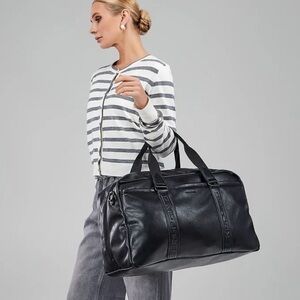 David Jones Black Leather Travel Duffle Bag Gym Weekender 20x11x9 in